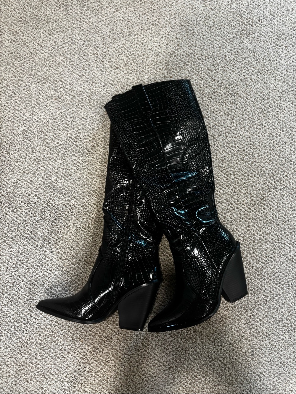 Black Croc-Embossed Knee-High Heeled Boots - Women